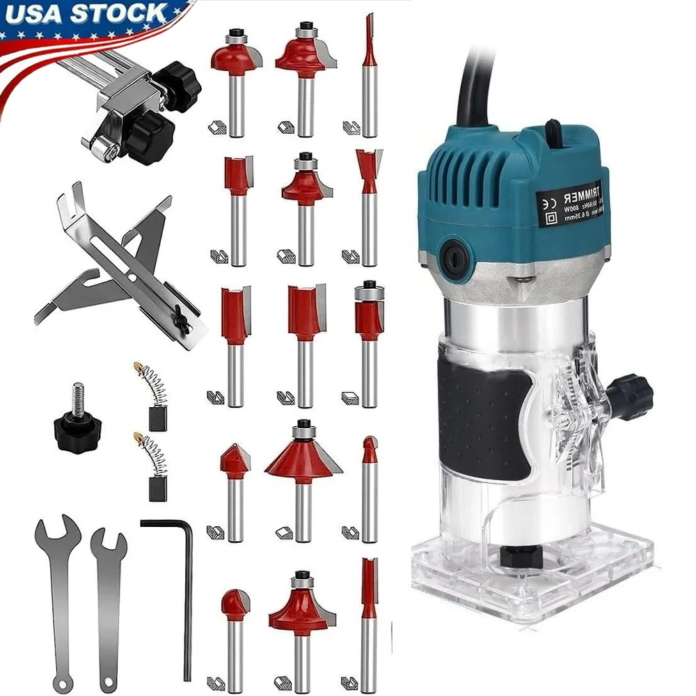 

110V Wood Router Tool 800W Electric Palm Trimmer 30000RPM 15x Router Bits 2x Trim Guides Adjustable Base Woodworking