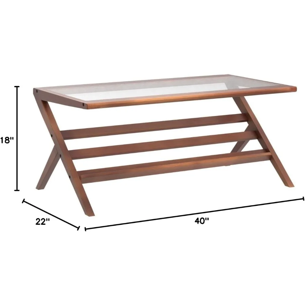 Coffee Table for Living Room, Boxwood-Frame & Tempered Glass Top, Mid Century Modern Coffee Table,Z Shaped Design