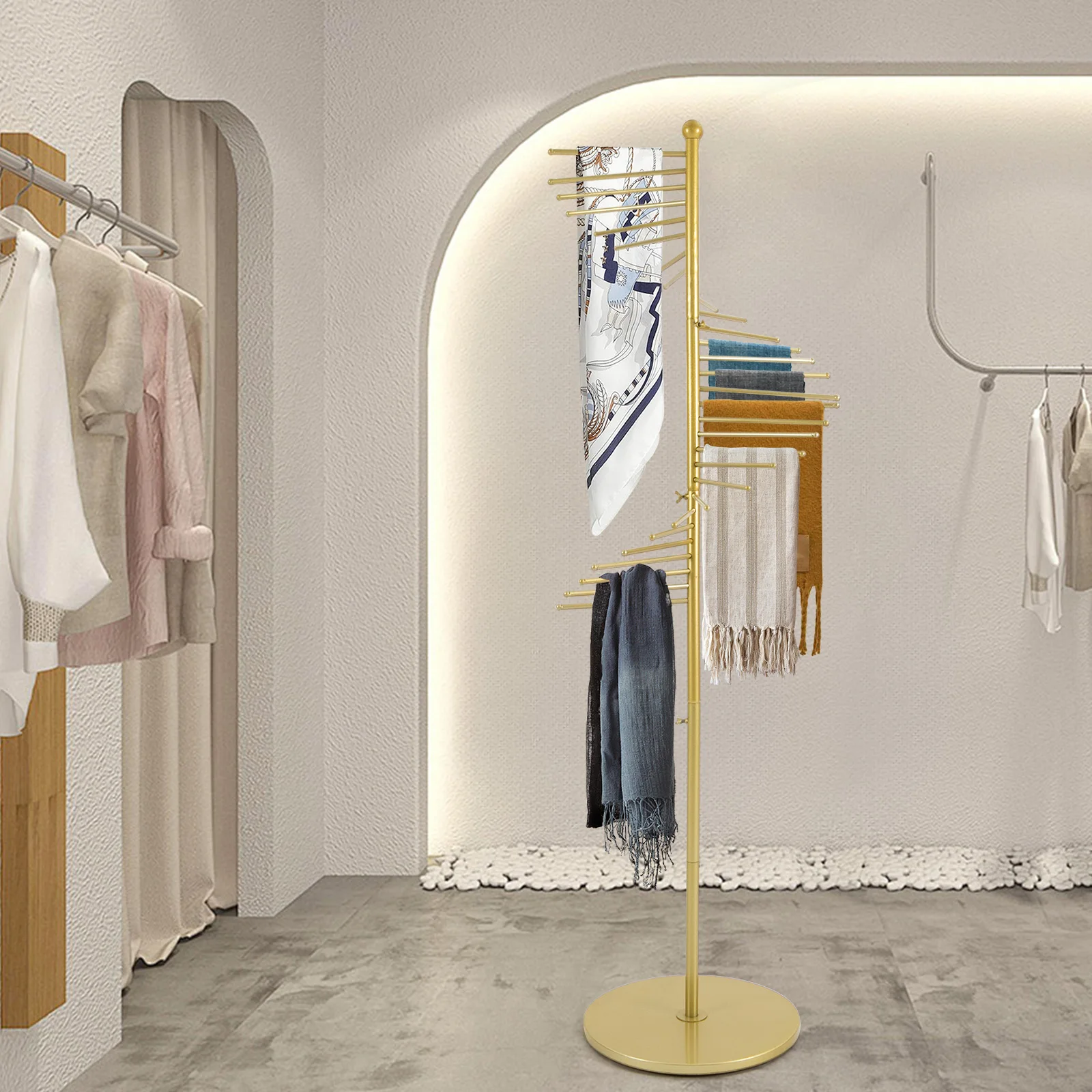 

Отдельно стоящая стойка для витрины спирального шарфа, современный золотой железный напольный держатель для шарфа, отделка краски для выпечки, регулируемые стержни 25 см