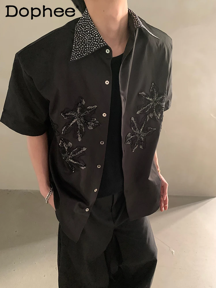

Men's 2025 Summer New Niche Tops High-end Hot Diamond Embroidered Short-sleeve Shirts Men's Handsome Trend Shoulder Padded Shirt