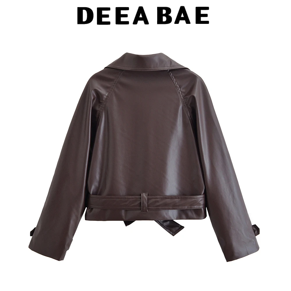 DEEABAE 2025 outono novas roupas femininas moda europeia e americana temperamento lapela cinto curto blusão de couro