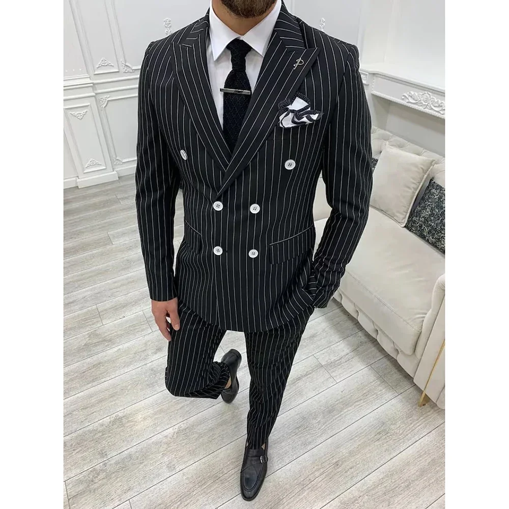 

Luxury Black Stripe Men's Suits Outfits Fashion Double Breasted Peak Lapel Slim Fit 2 Piece Jacket Pants Costume Homme 2025