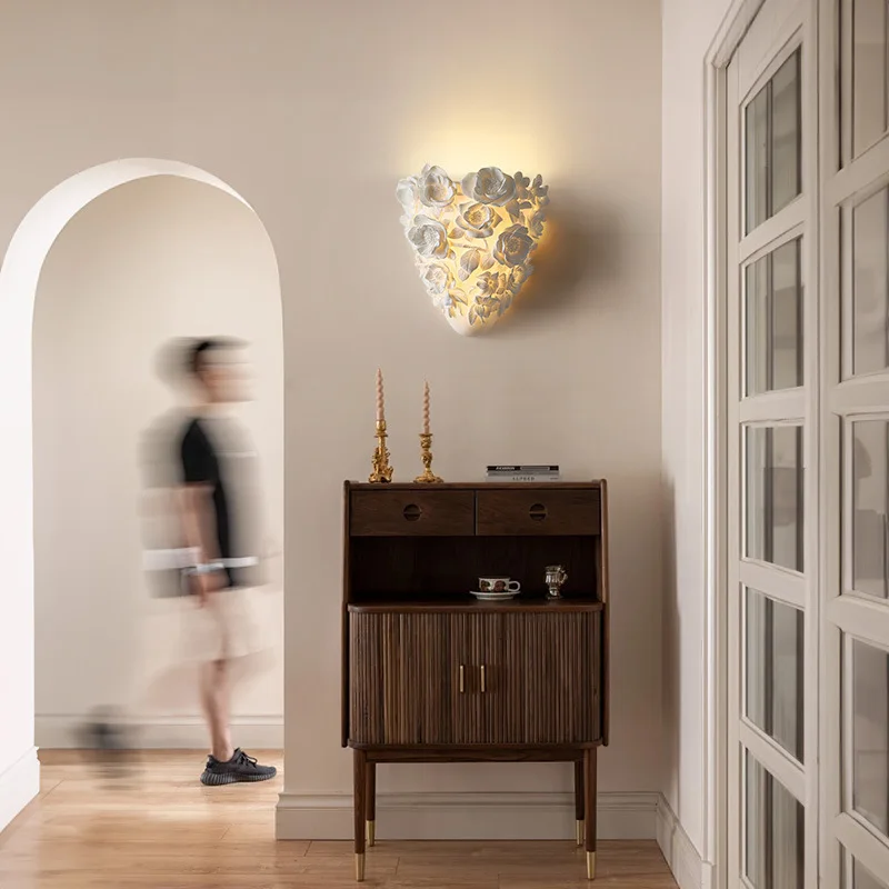 French Retro Carved Wall Lamp Background Wall Home Decoration Modern Simple Resin Flower LED Light
