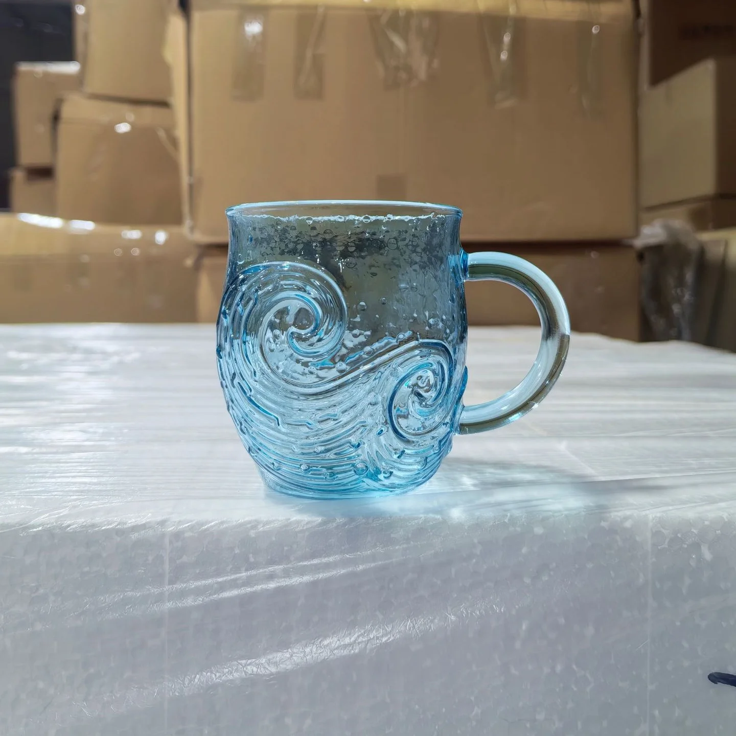 Sea Glass Wave Mug Handblown Ocean Wave Glass Coffee Mug Cup Textured Sea Wave Design Unique Glassware for Tea, Coffee, Cocktail