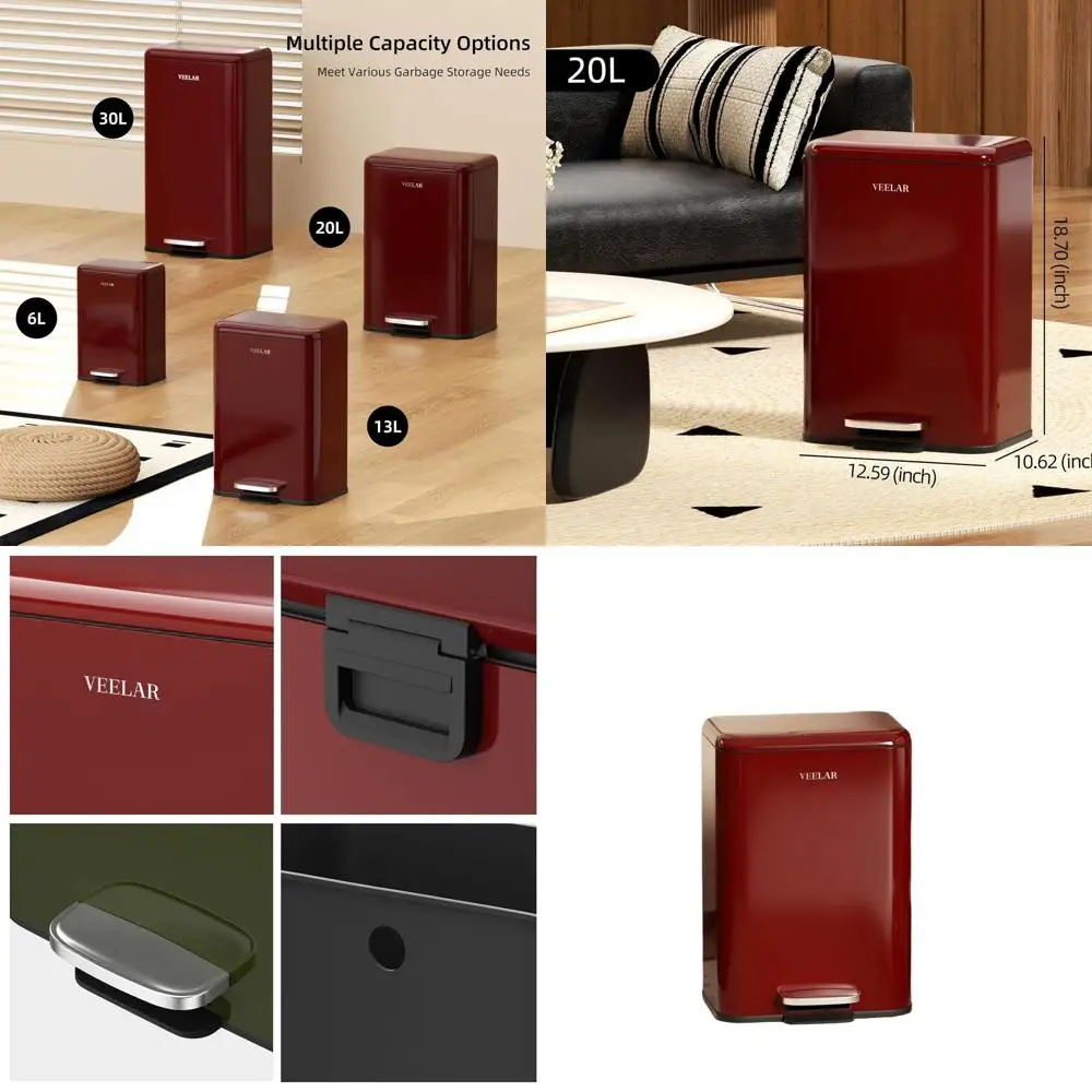 

Мусорное ведро из нержавеющей стали емкостью 5,5 галлона с крышкой, подходит для кухни, гостиной, спальни и офиса (красный, 20 л)