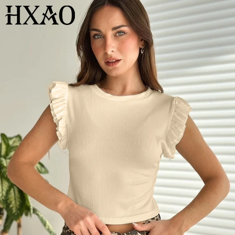 HXAO Women's Blouse Ruffled Ribbed Shirt Summer 2025 Shirt & Blouse Elegant Crop Knit O-Neck Short Sleeve Blouse Cute Top Women