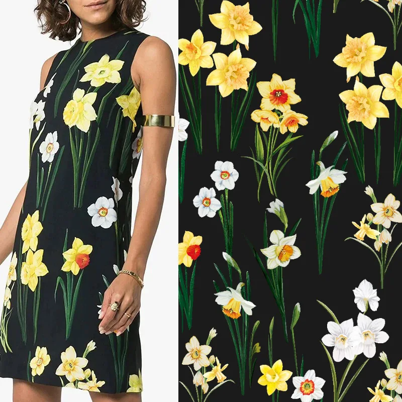 

Narcissus Flower Printed Imitate Silk Satin Or Poplin Cotton Fabric For Women Summer Dress Blouse DIY Cloth Sewing Material