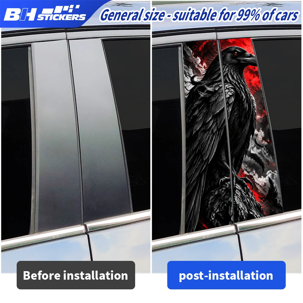 Black Raven Red Moon Car B Pillar Sticker 2Pcs Vinyl Window Middle Column Decal Universal Auto Exterior Decoration Accessories