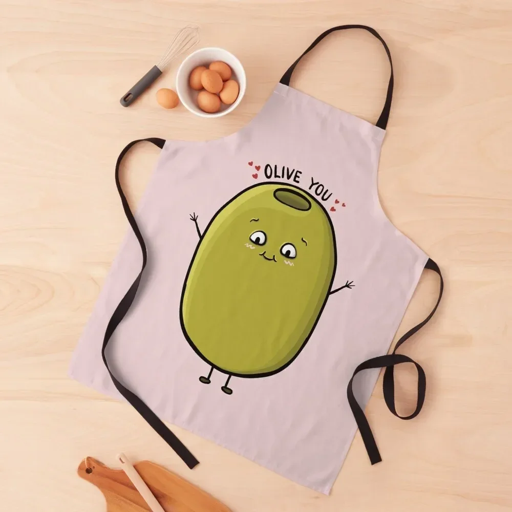 Olive You, Fun Food Cute Olive Cartoon Pun Digital Illustration Apron men for kitchen useful chef costume Apron