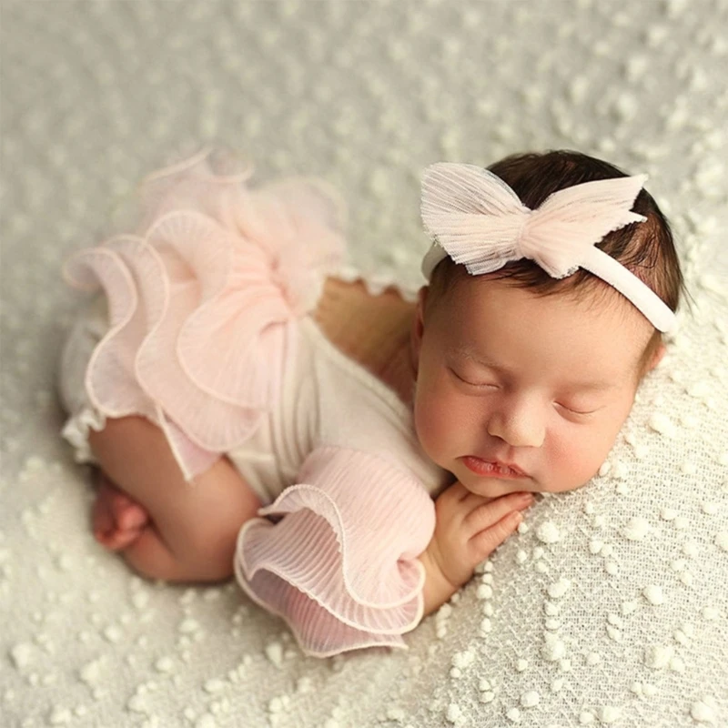 Baby Photo Clothing Ruffle Jumpsuit & Elastic Bow Headband Short Sleeve Romper Newborns Shower Party Elegant One-piece