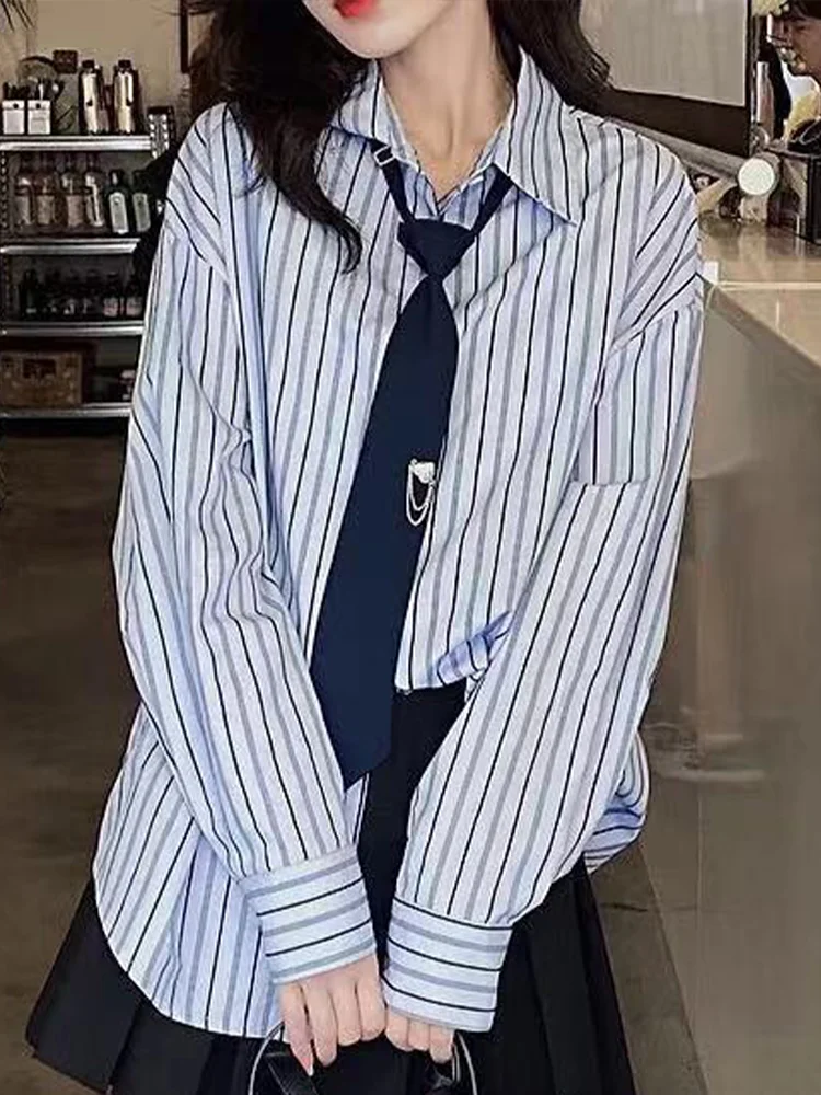 

Blue Striped Shirt Women Spring Long Sleeve Blouse Female Korean Fashion Preppy Style Tops Ladies Oversized Vintage Loose Blusas