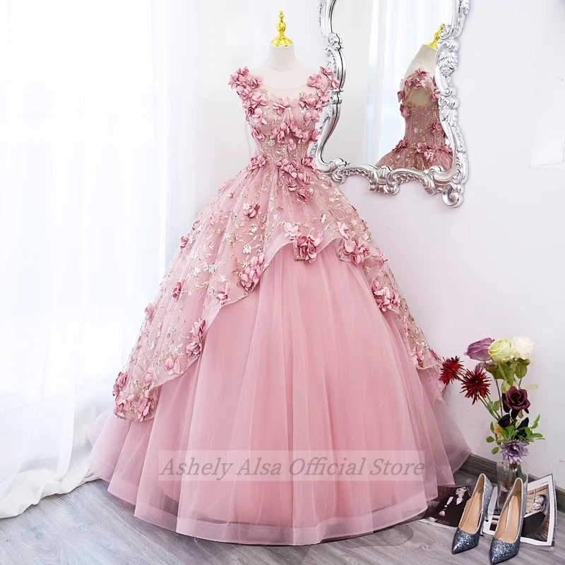 Pink Princess Quinceanera vestido para meninas, O -Neck Flower Puffy Skirt, doce, 15, 16, Birthday Party, vestidos de baile, imagem real