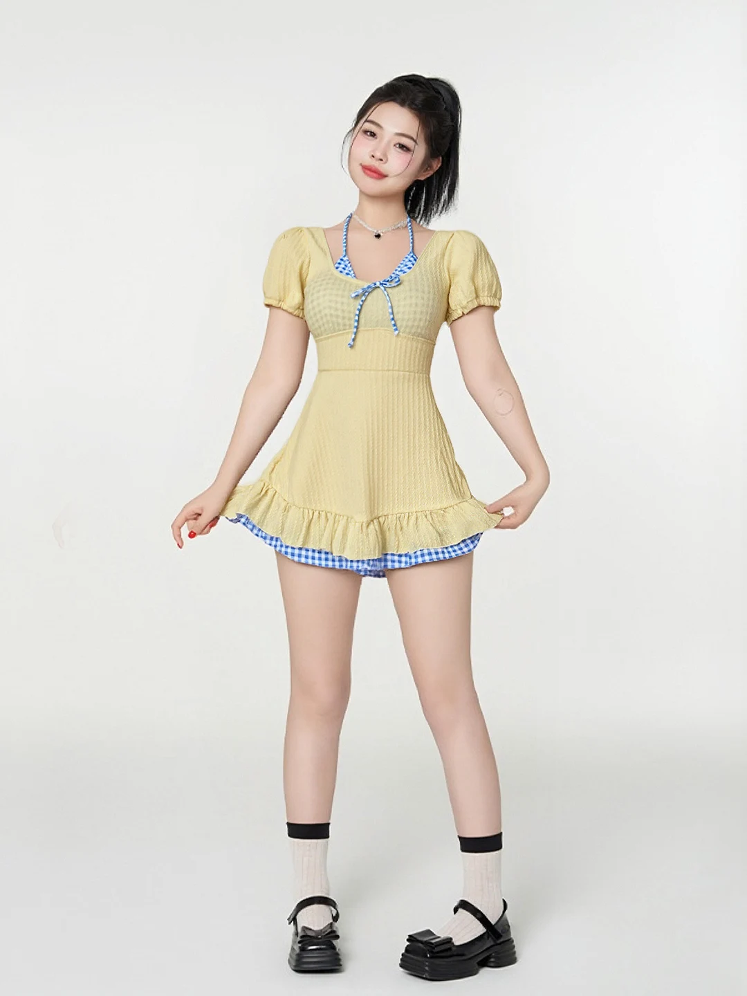 Sweet Style One-Piece Swimsuit for Plump Girls Thermal Spring Conservation Women's Swimwear V-Neck Short Sleeve Casual Swimwear