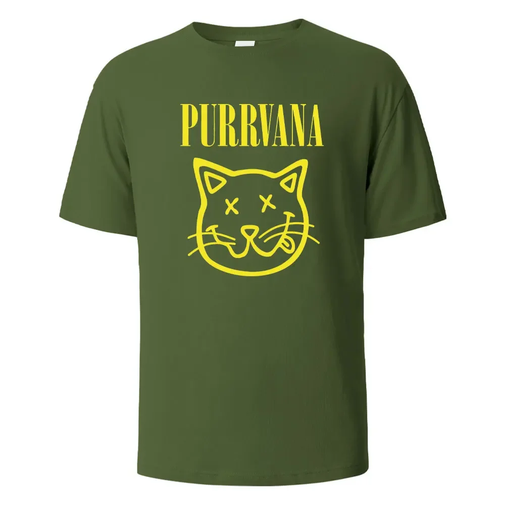 Новое поступление, модная футболка Purrvana с принтом головы кота, летние футболки для мужчин, 100% хлопок, о-образный вырез, повседневные топы оверсайз с коротким рукавом