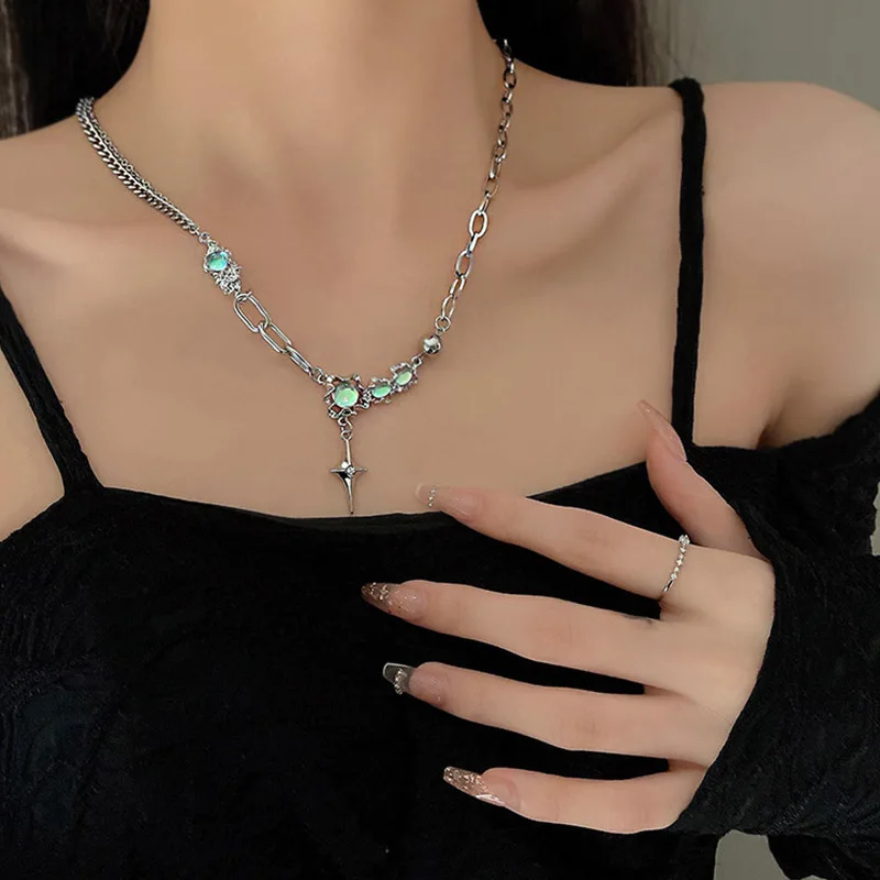 Crystal Opal Pendant Liquid Metal Necklace for Women Clavicle Chain Geometric Irregular Vintage Choker Y2K Jewelry Accessories