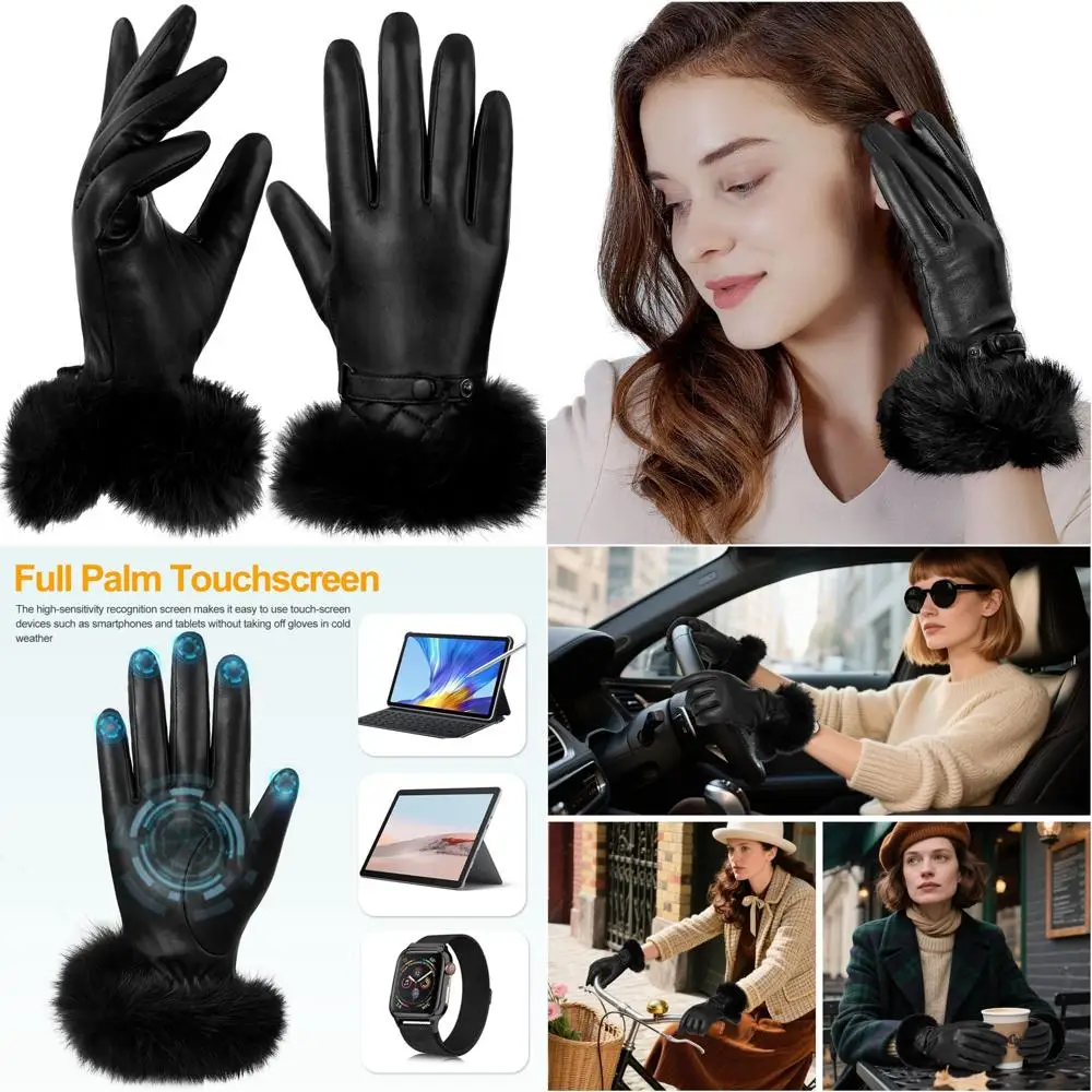 

Luxury Rabbit Fur Cuff Women's Leather Gloves for Winter, Touchscreen Compatible, Warm Driving Gloves with Extra Cozy Lining