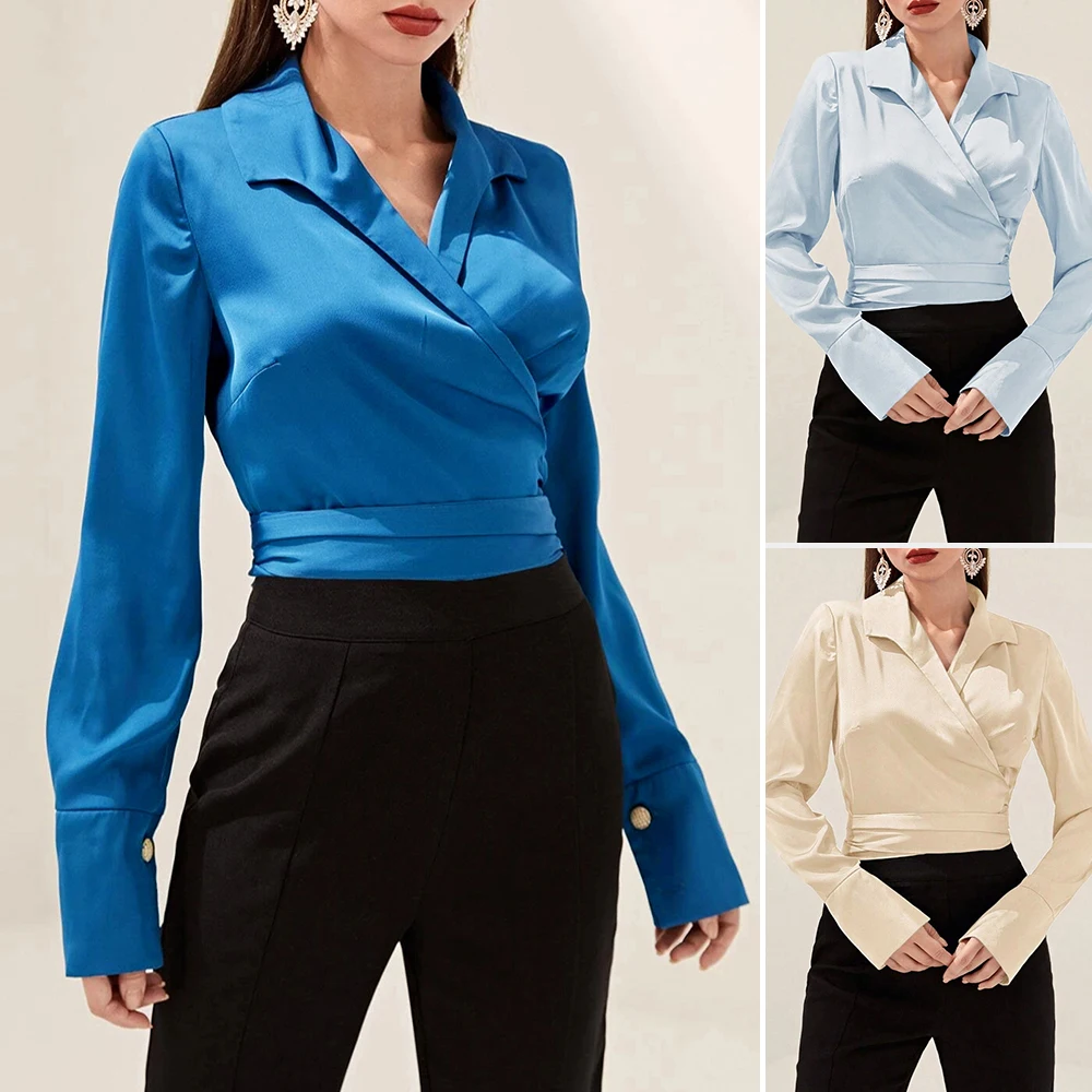 

Mia Muse Boutique, удобные простые однотонные многослойные офисные женские рубашки для женщин, рубашка с длинным рукавом и воротником, обычная посадка