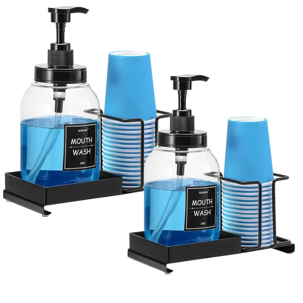 

Диспенсер для ополаскивателя для рта для ванной комнаты, бутылка-помпа для ополаскивателя с держателем для стакана из нержавеющей стали, прозрачная многоразовая емкость для ополаскивателя объемом 24 унции