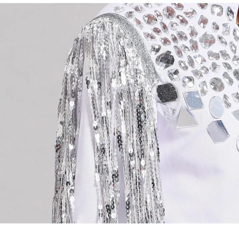 Nightclub Men Singer Rock Punk White Sequin Tassel Jacket Stage Costume Zipper Bar Vocal Concert Jazz Dancer Performance Clothes