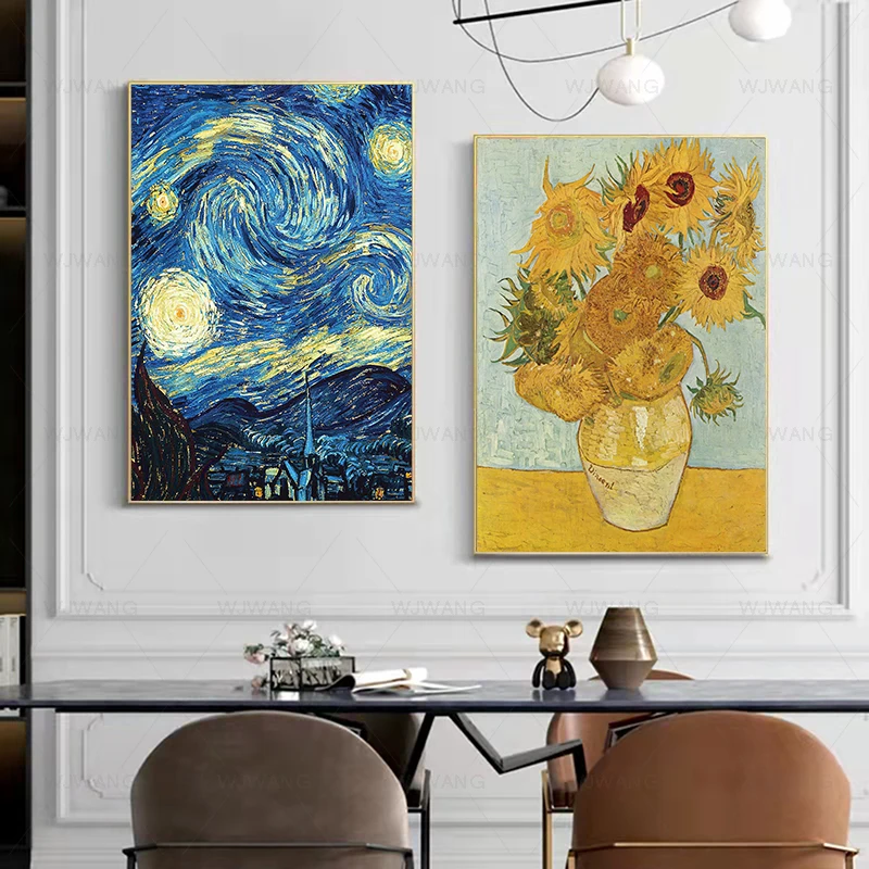 Golden Sunflower Starry Sky Canvas Paintings Vincent Van Gogh Works Poster and Print Wall Art Picture for Living Room Home Decor