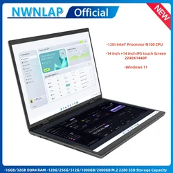 Dual Screen Laptop 14+14 inch 2K Touch Screen Notebook 16G 32G Intel N150 N100 CPU 360 Degree Flip Metal Case 2 in 1 Computer