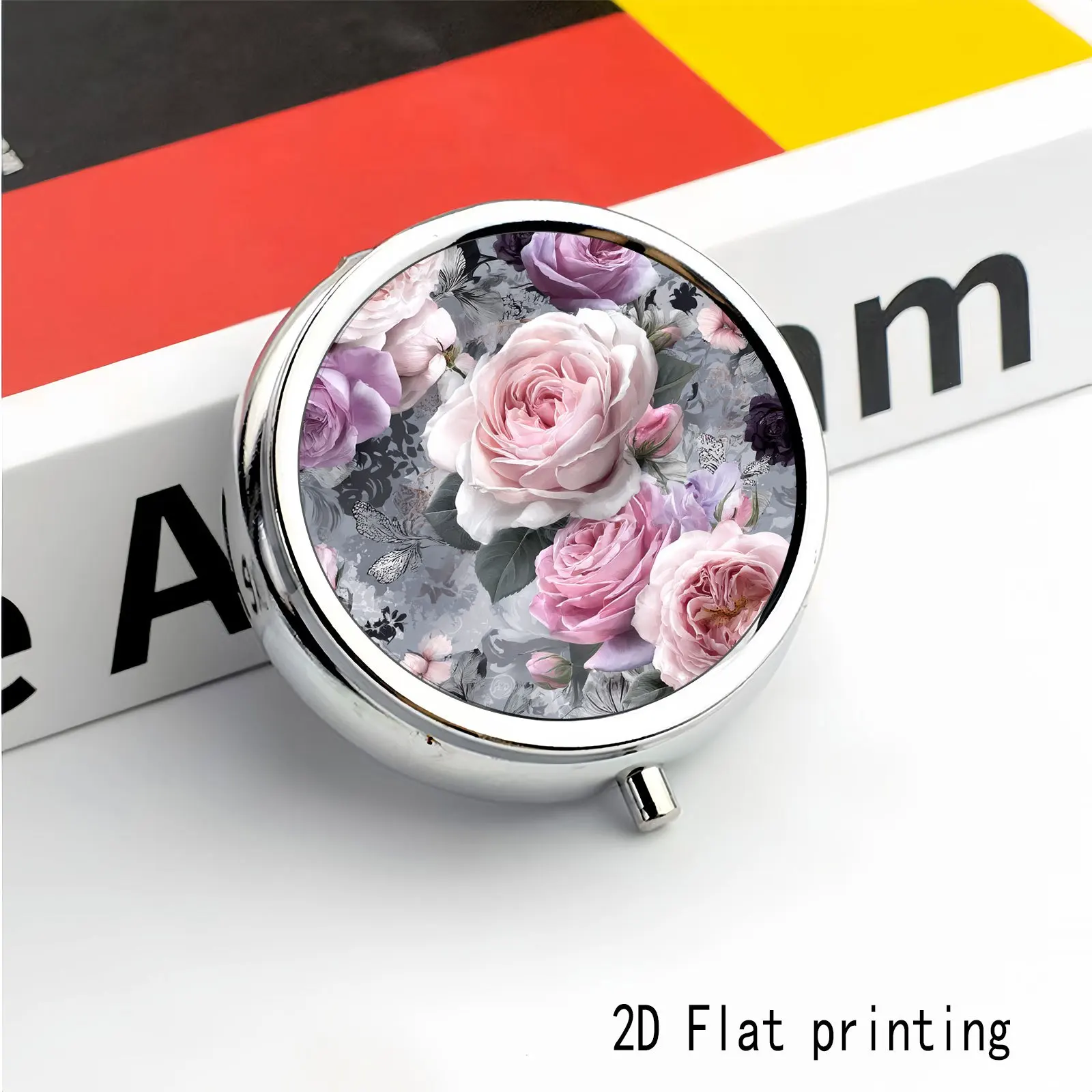 Multi-Colored Rose and Black and White Butterfly 3D Floral Pattern, Two Types of Small Pill Boxes for You to Choose From: One with Three Circular Compartments and the Other with Two Square Compartments, Portable Medicine Storage Suitable for Handbags or Travel, Elegant Design, Polished Finish, Exclusive for Daily Medication Users.