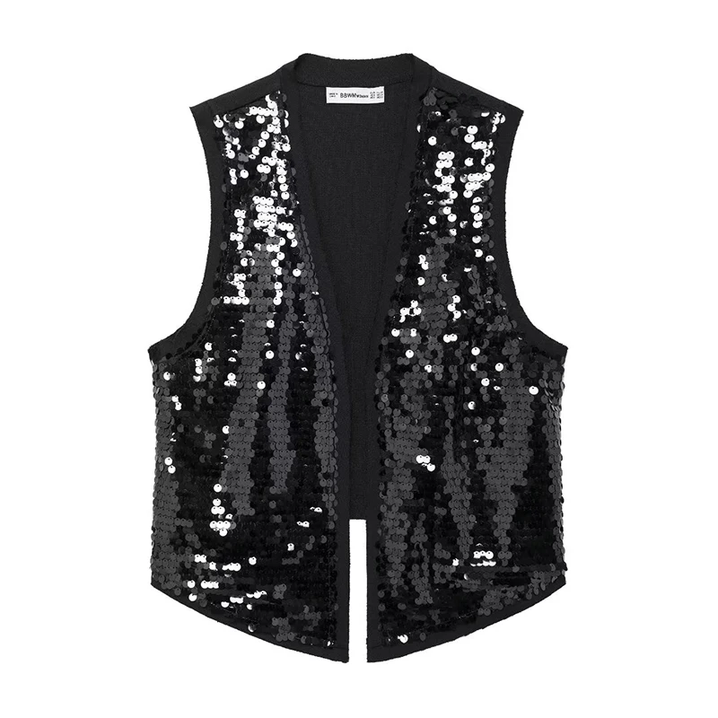 Willshela Women Fashion With Sequined Sleeveless Jacket Waistcoats Vintage V-Neck Vest Female Chic Lady Tank Tops