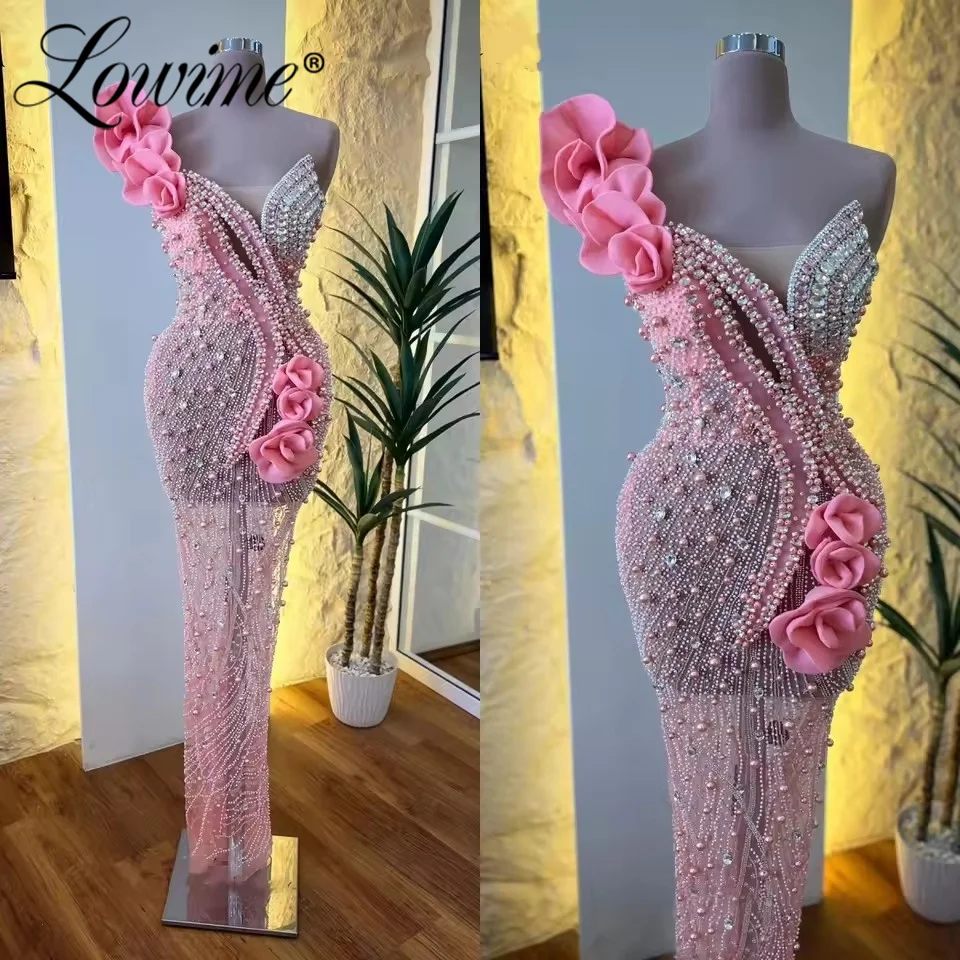 Verbazingwekkende Roze Handgemaakte Bloem Feestjurken Voor Bruiloften Aangepaste Arabische Avondjurk Vrouwen Kralen Kristallen Prom Dress 2026