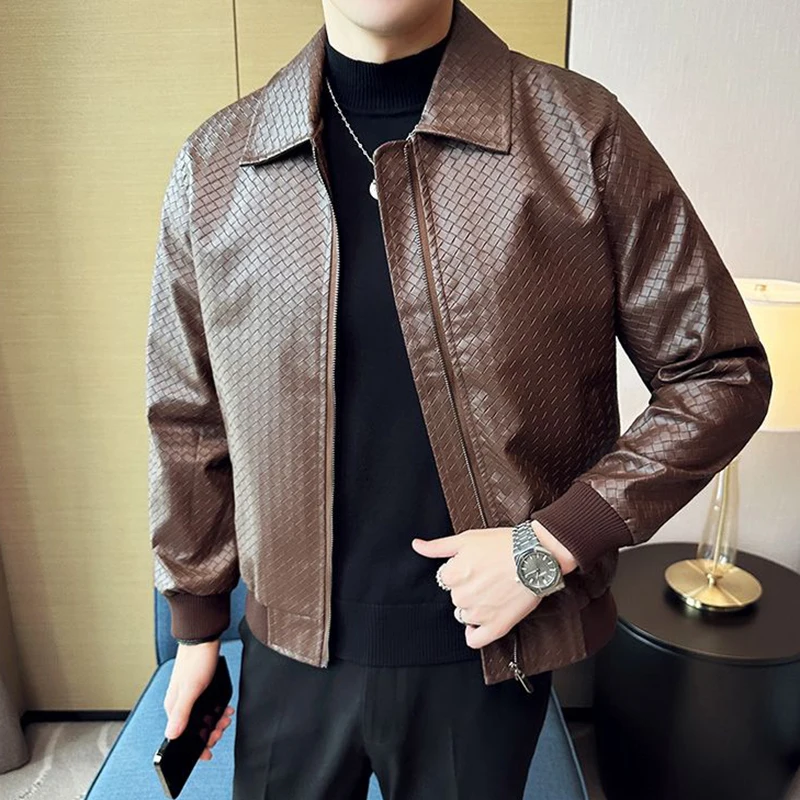 Men Fashion 2025 Autumn Winter Handsome Jackets Turn-down Collar Loose Plaid Leather Jackets Casual Solid Zipper Pockets Jackets