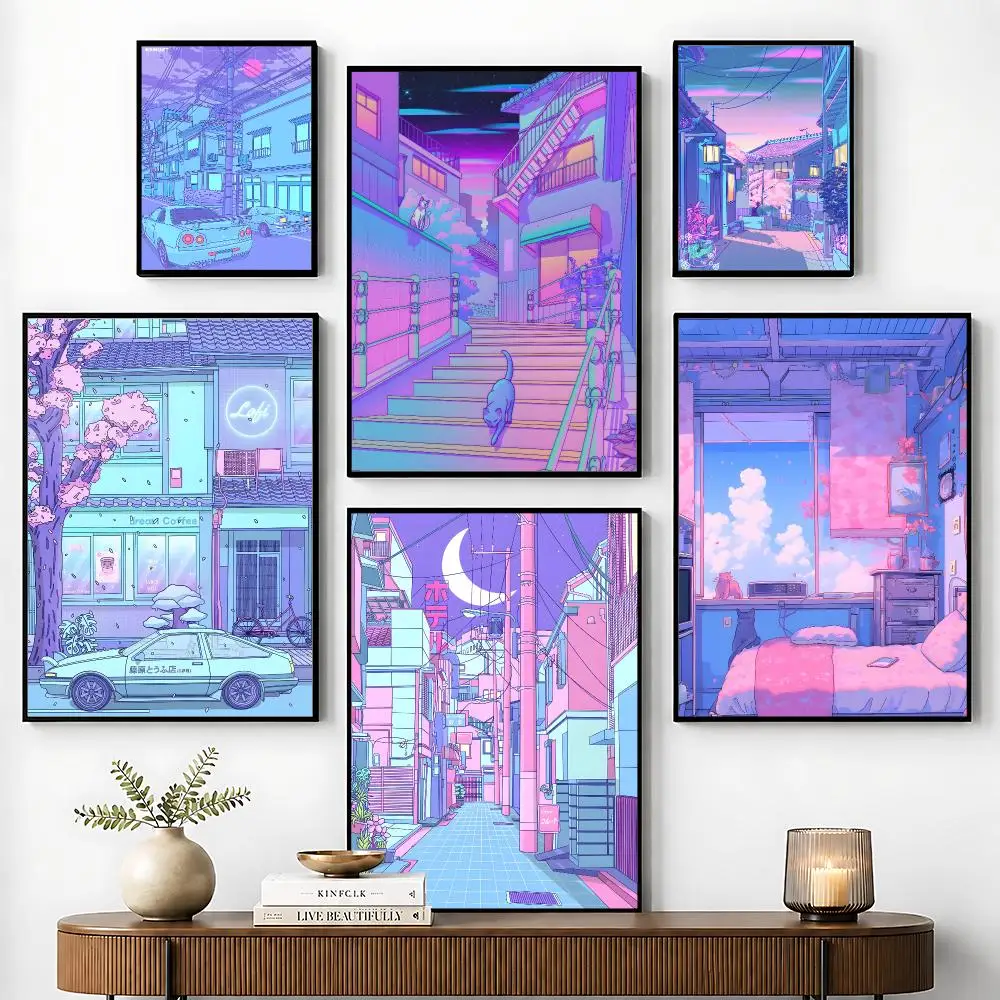 Neon City Street Vaporwave 80S Poster Perfect Sticker Self Adhesive for Office Home Theater Wall Art Decor Fancy Gift