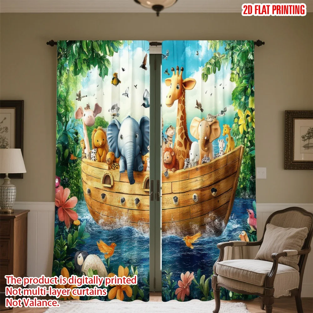 

2D flat printing 2pcs Curtain Animals on a Boat Digital Printed Polyester Drapes Party Decorations Perfect for Indoor
