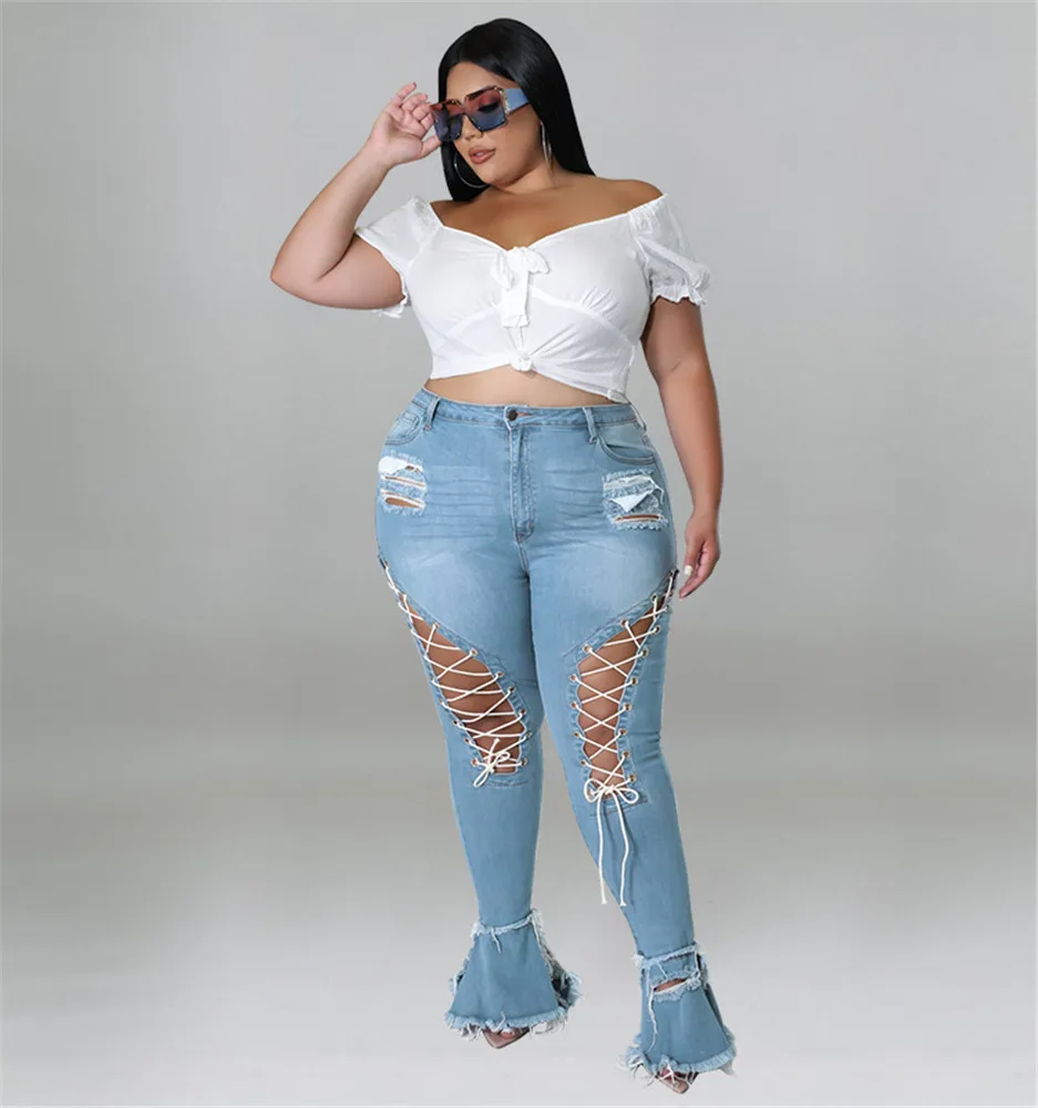 Wmstar Plus Size Flared Jeans Women Bandage High Waist Tassel Hole Denim Ripped Bottom Stretch New Pants Wholesale Dropshipping