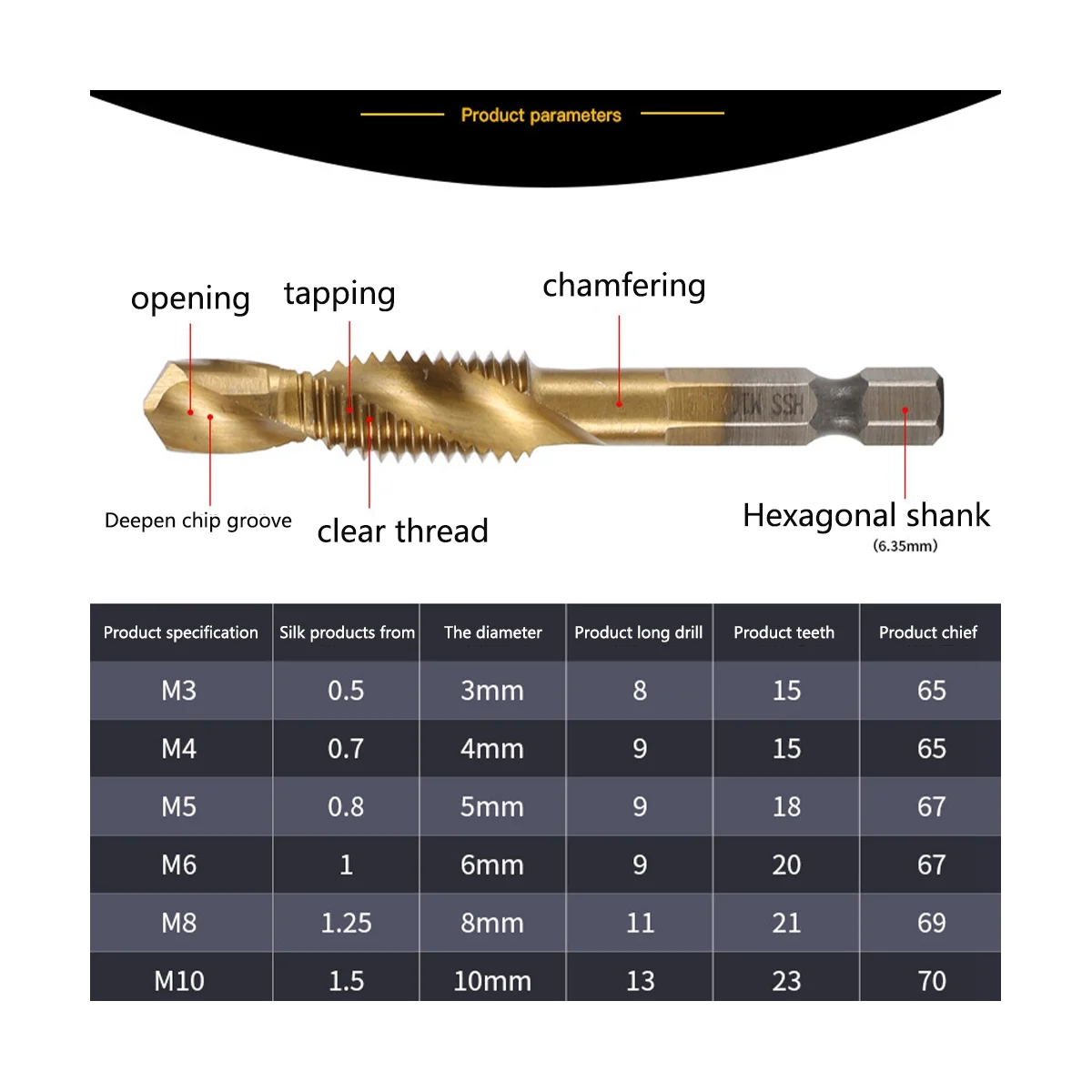 High-Speed Steel Drilling Tapping Chamfering Integrated Drill Bit Set 6Pc Composite Tap Deburring Drill Bit