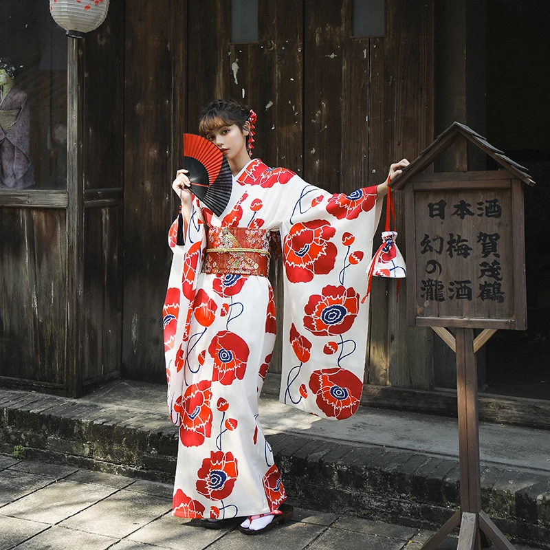 

Women's Japanese Kimono Raised Sleeves Big Red Flower Prints Long Sleeve Yukata Cosplay Dress Stage Performing Wear