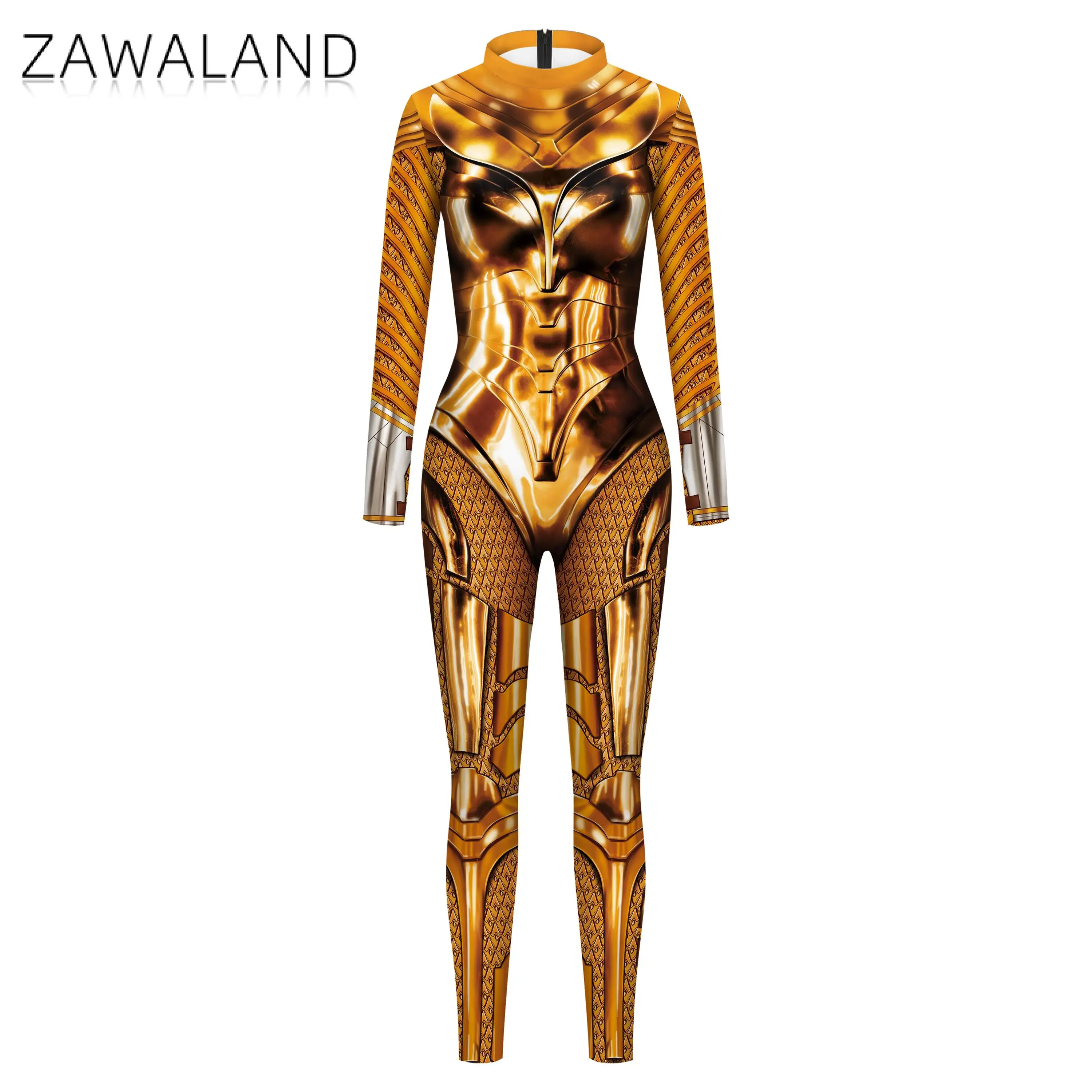 Zawaland Hallowen Family Matching Outfits Golden 3D Printed Cosplay Costume Spandex Catsuit Parent-Child Bodysuit Zentai Suit