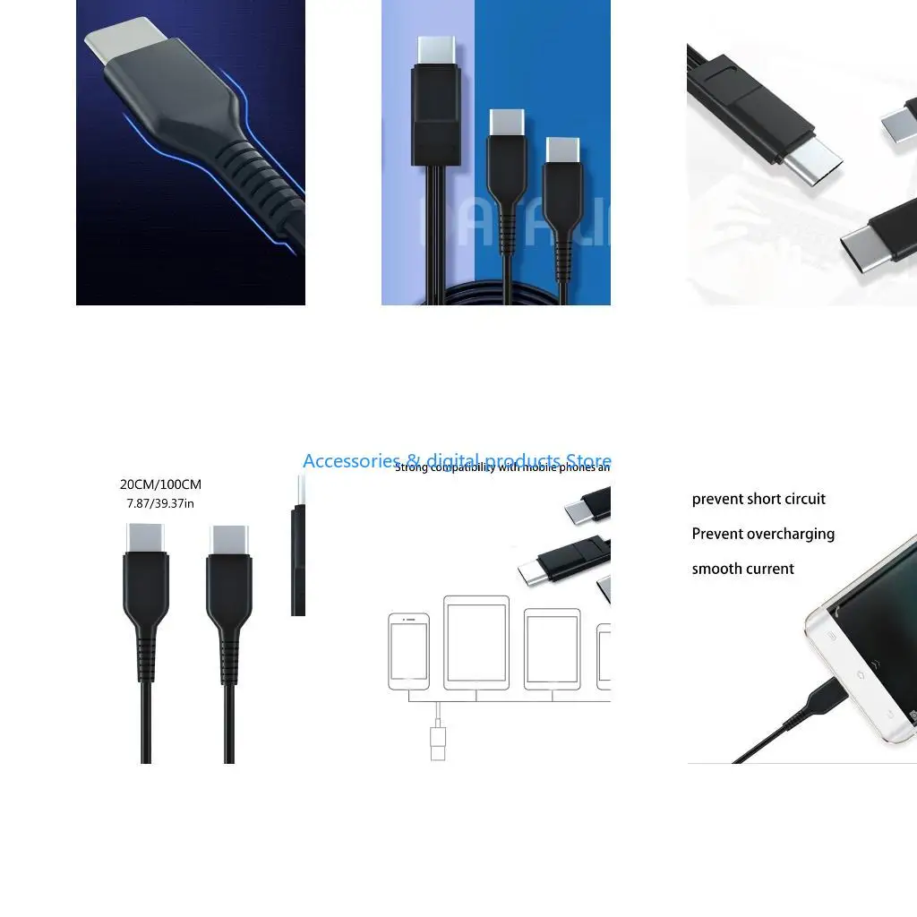 77JD 20cm/1m Type-C Charging Cable to Double Type-C Connector Cord Tablet Phone Wire for Home Office and Travellers
