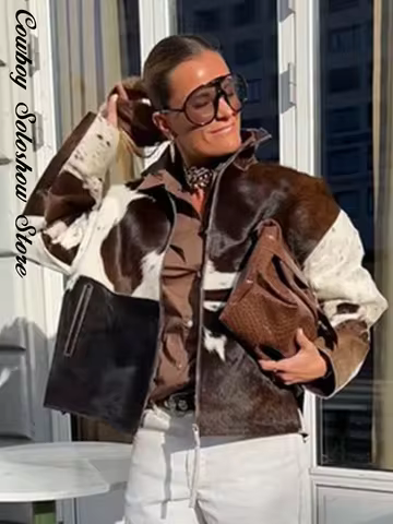 Fashion Suede Lapel Zipper Short Jacket Women Loose Pattern Full Sleeve Pockets Female Outwear 2025 Autumn Street Lady Outwear