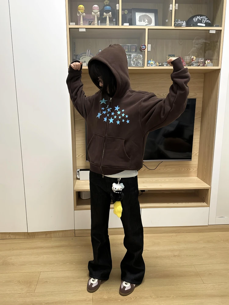 เสื้อฮู้ดผู้หญิงสไตล์เรโทรอเมริกัน ลายดาว ทรงหลวม สบายๆ สำหรับฤดูใบไม้ร่วงและฤดูหนาว รุ่นใหม่ ซิปหน้า ใช้งานได้หลากหลาย