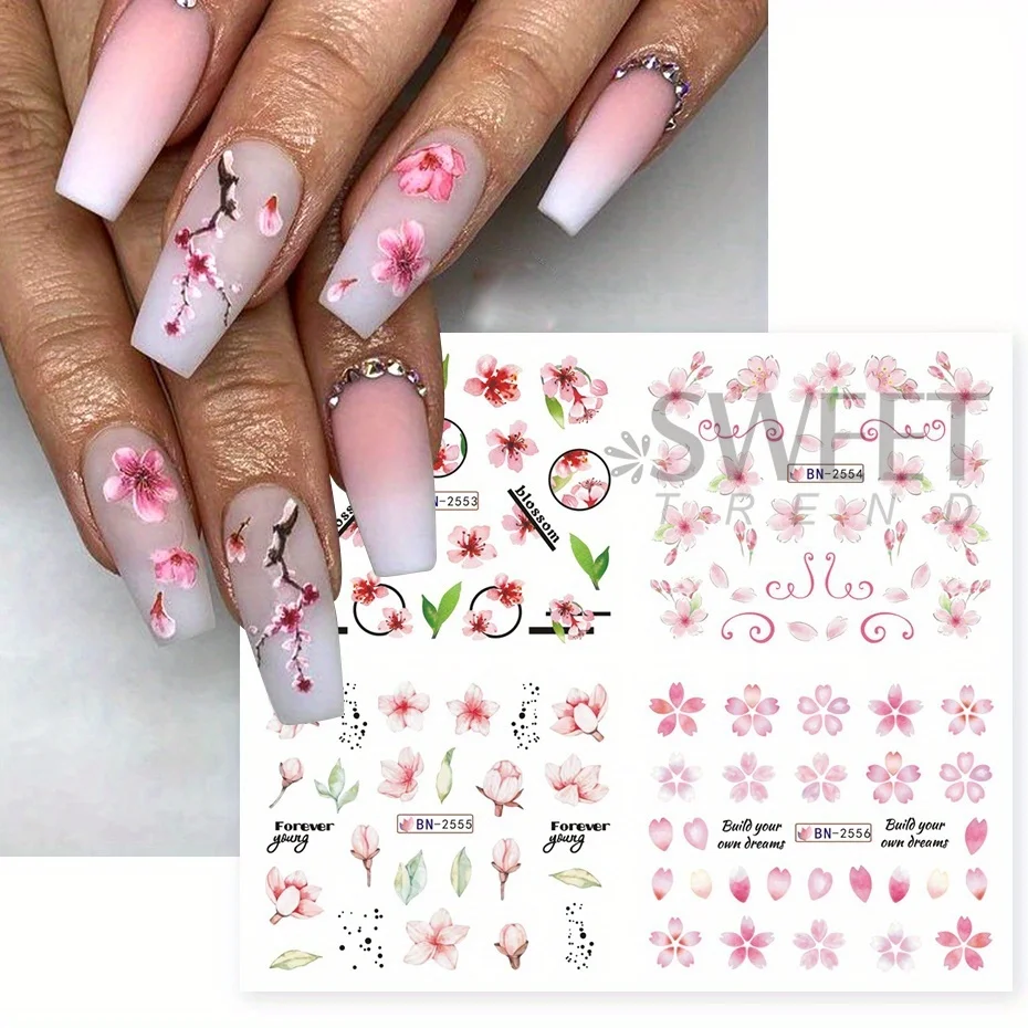 12pcs Pink Cherry Blossom Water Nail Sliders Winter New Year Sakura Floral Leaves Stickers DIY Charm Accessories Manicure Decor