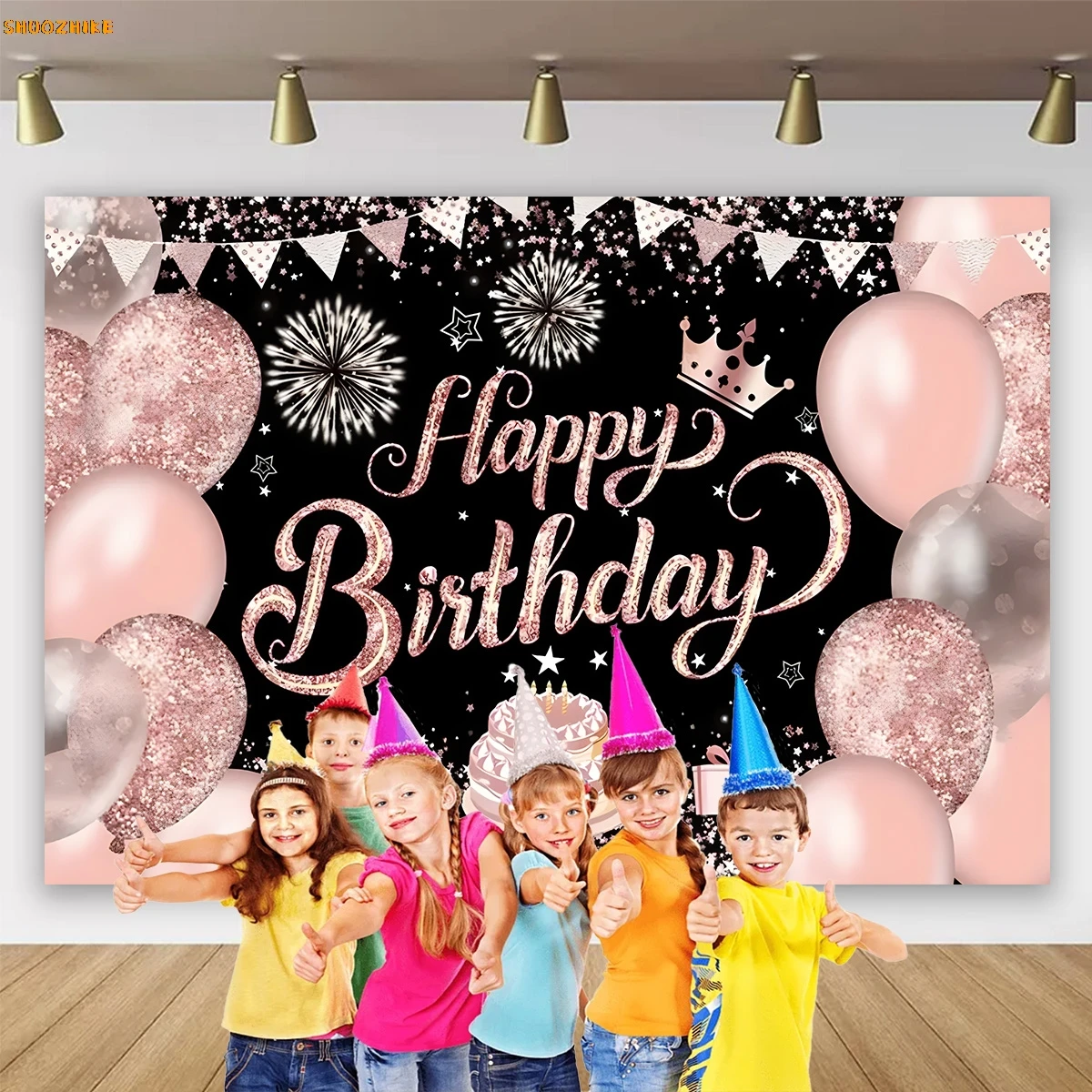 パーソナライズされた誕生日パーティーの背景,金,青,黒,ピンクのバルーンケーキポスター,赤ちゃんと子供のバナー,パーティー用のビニールの背景