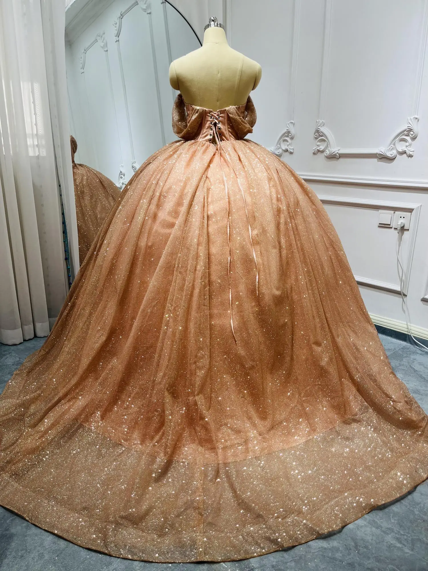 Real Pictures Shinny Rose Gold Quinceanera Dresses Off Shoulder Ball Gown Women Birthday Party Prom Dress 16 vestidos de 15 años