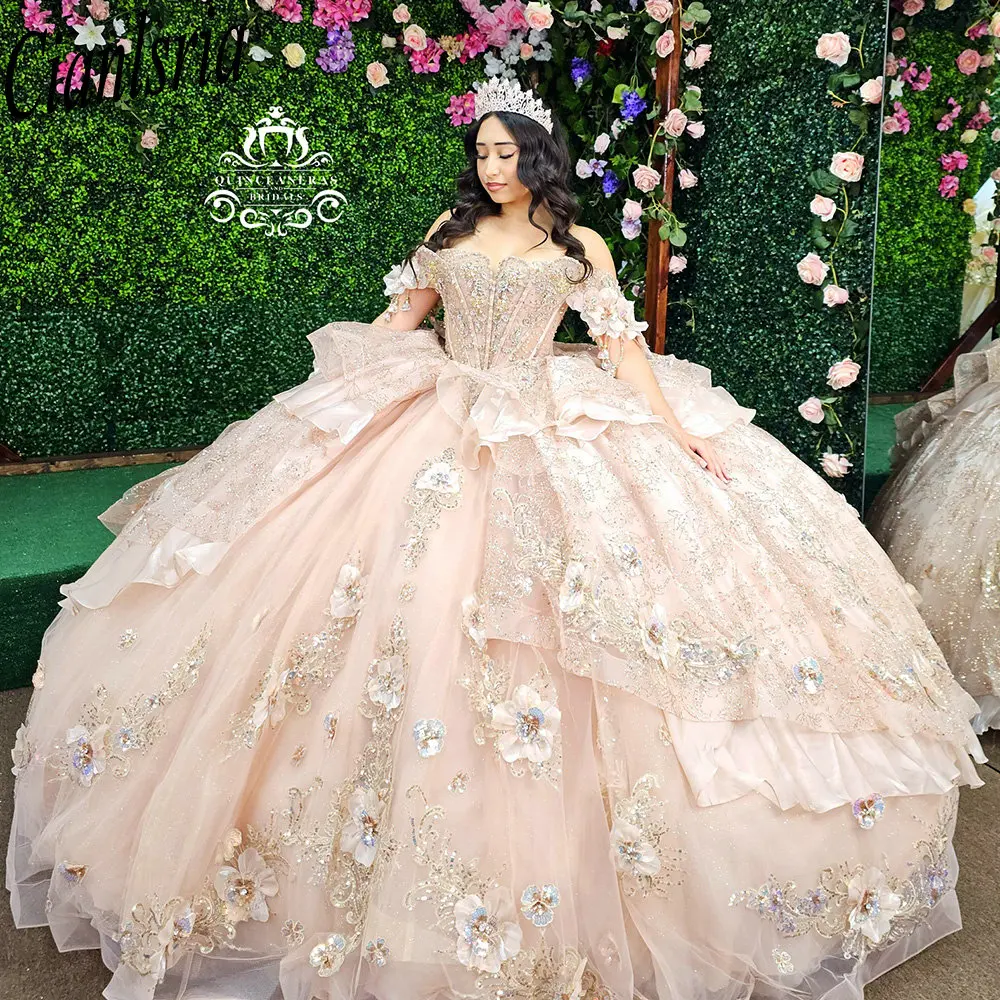

Champagne Appliques Lace Bow Quinceanera Dresses Ball Gown 3D Flowers Crystal Sequined Sweet 15 Años Mexican Customized