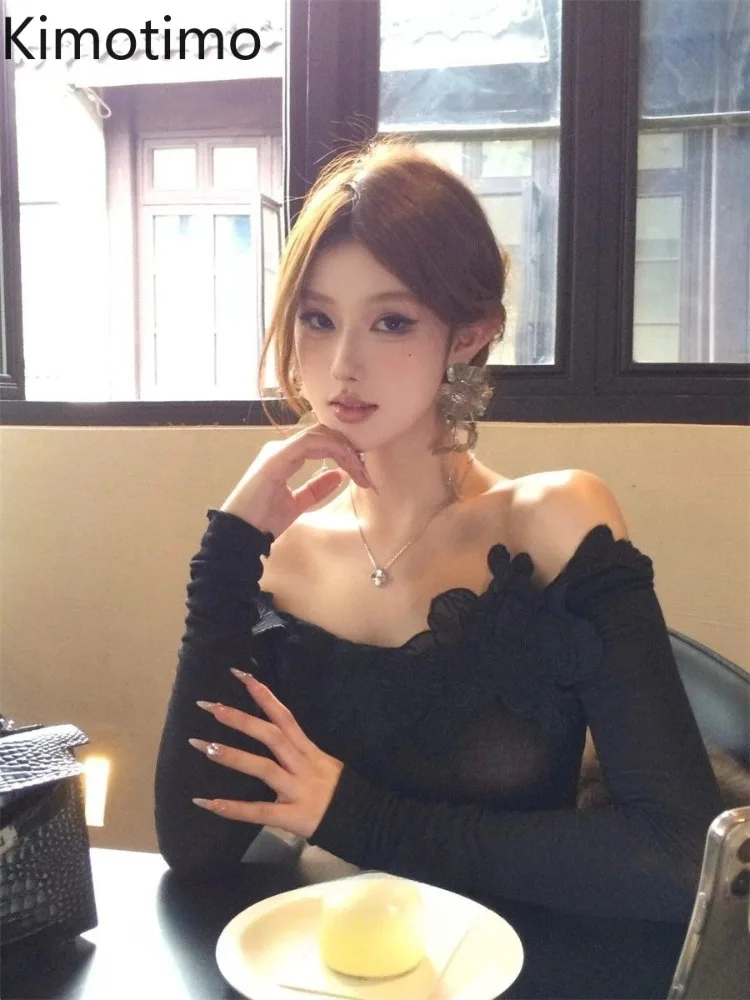 

Kimotimo Black 3D Flower Slash Neck T-shirts Women 2025 Spring Temperament Slim Long Sleeve Crop Top Sexy Chic Bottomed Y2k Tees