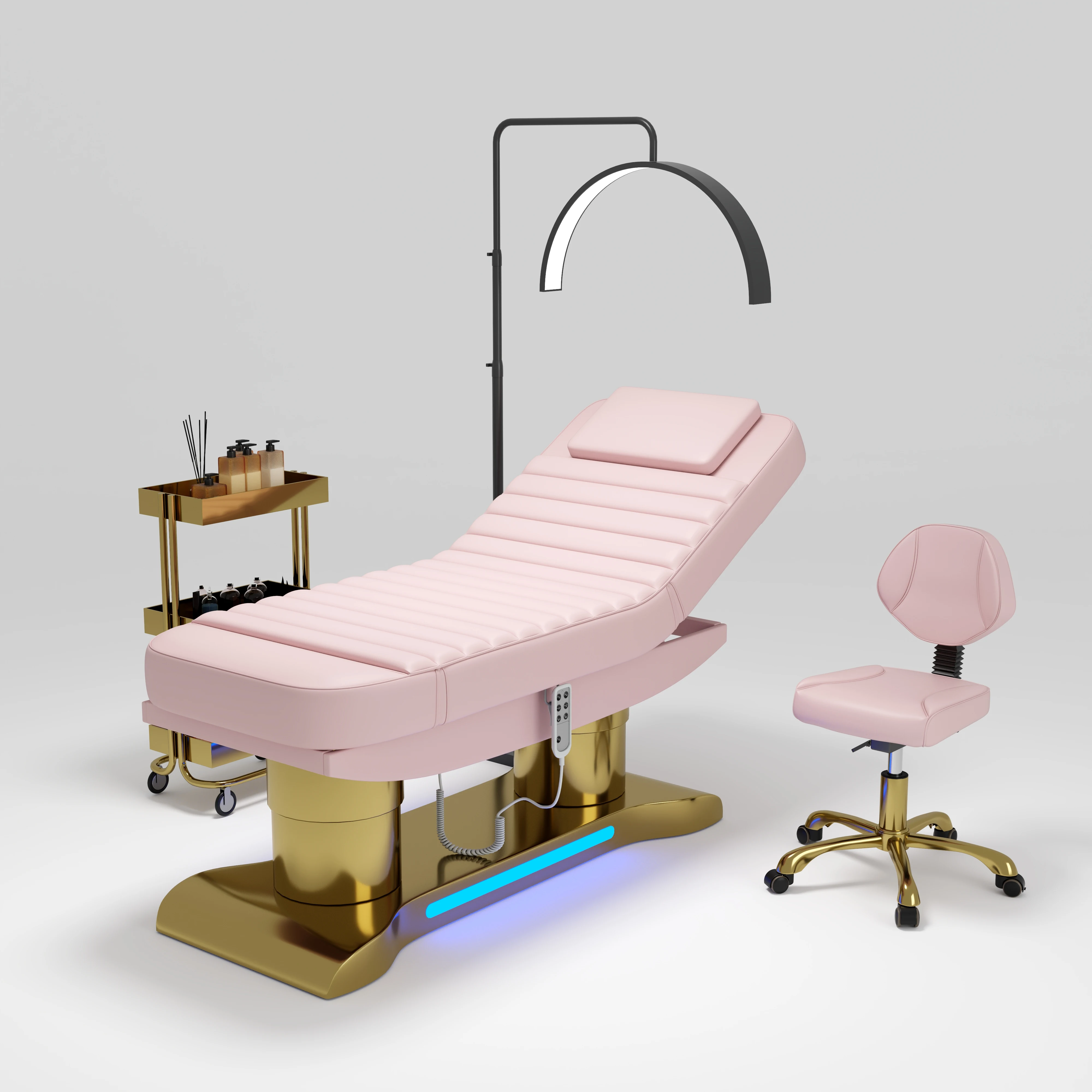 

Luxury Gold Double Column Stainless Steel Base Beauty Facial Table Electric Massage pink for Wholesale