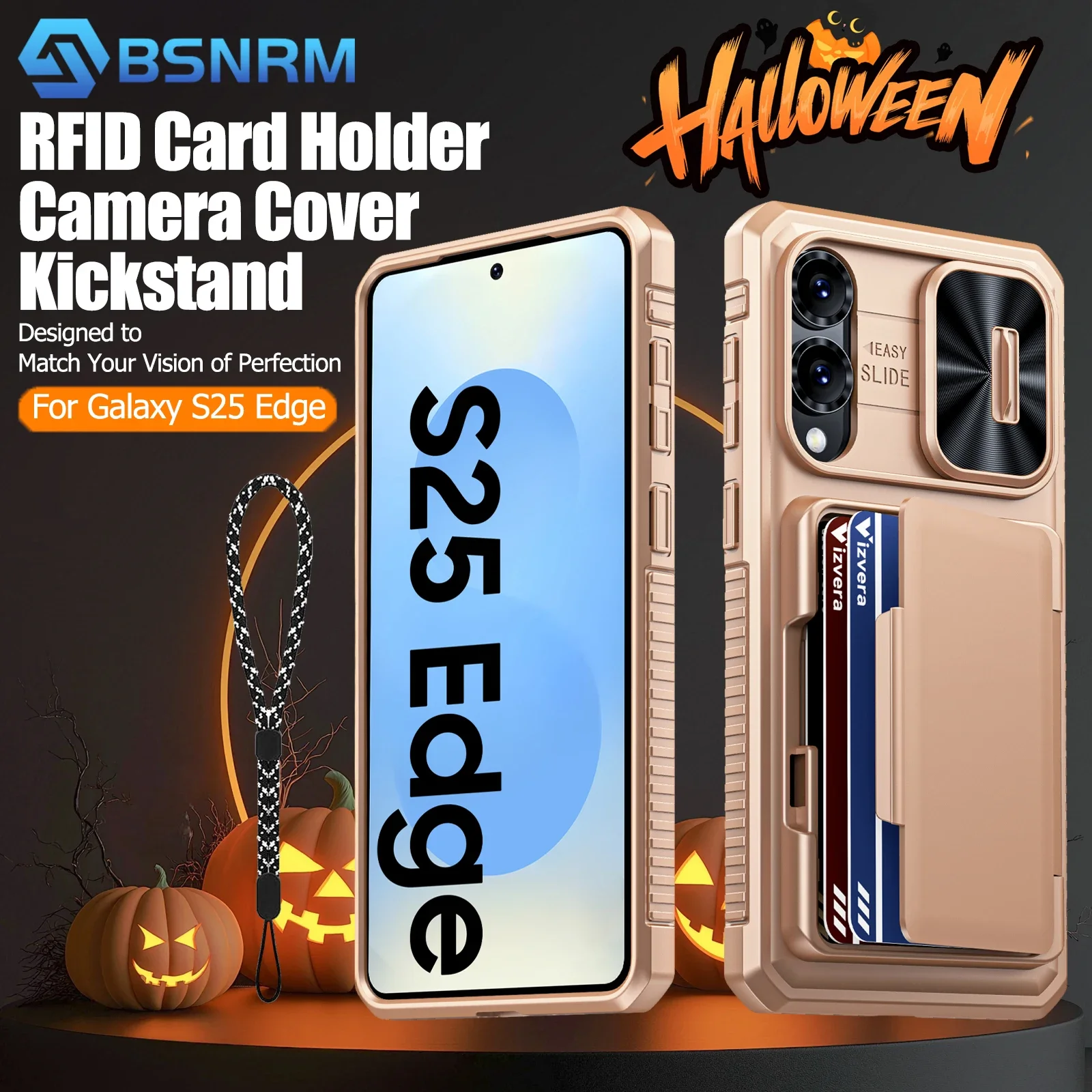 

Подарки на Хэллоуин, кошелек RFID-карты, чехол для камеры, прочный противоударный силиконовый чехол для телефона Galaxy S25 Edge - золото