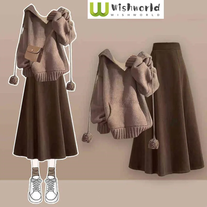 

Fashion Women's Set Autumn/Winter New Loose Knitted Sweater Women's+Half Skirt Elegant Women's Two Piece Set