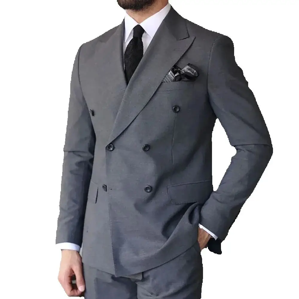 Men Suits Dark Gray Fashion Peak Lapel Double Breasted Male Suit Slim Fit Business Casual Chic Groom Wedding Party Tuxedo