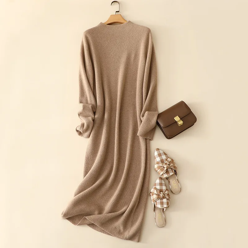 

masigoch winter new ribbed knit elegant half turtleneck 100% cashmere long sweater dress