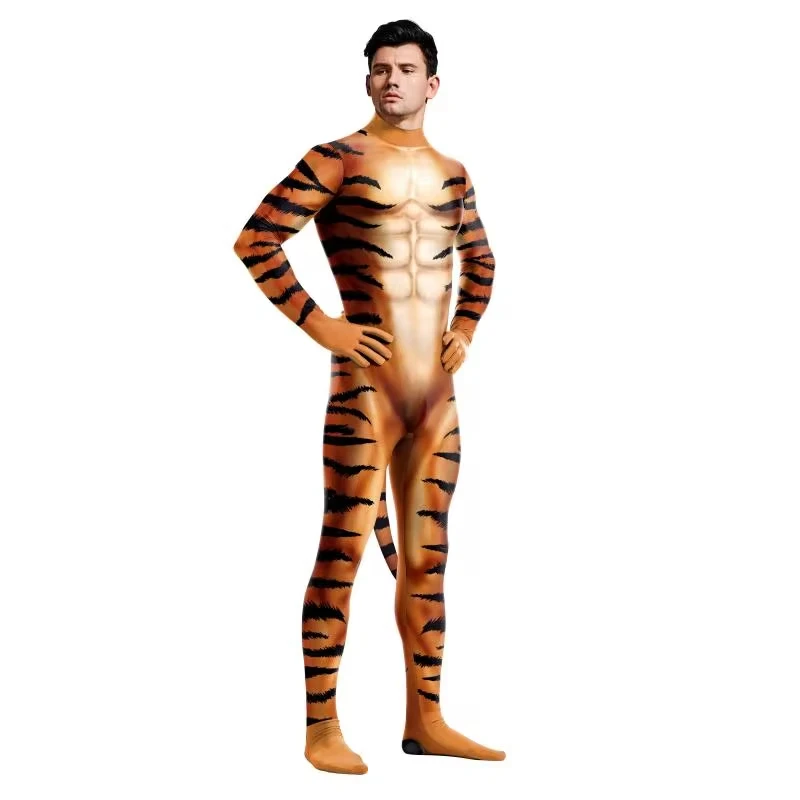 Halloween Leopard Stripe Funny Animal Suit Adult Cosplay Party Costumes Bodysuits Full Coverage Jumpsuits With Tail Back Zipper