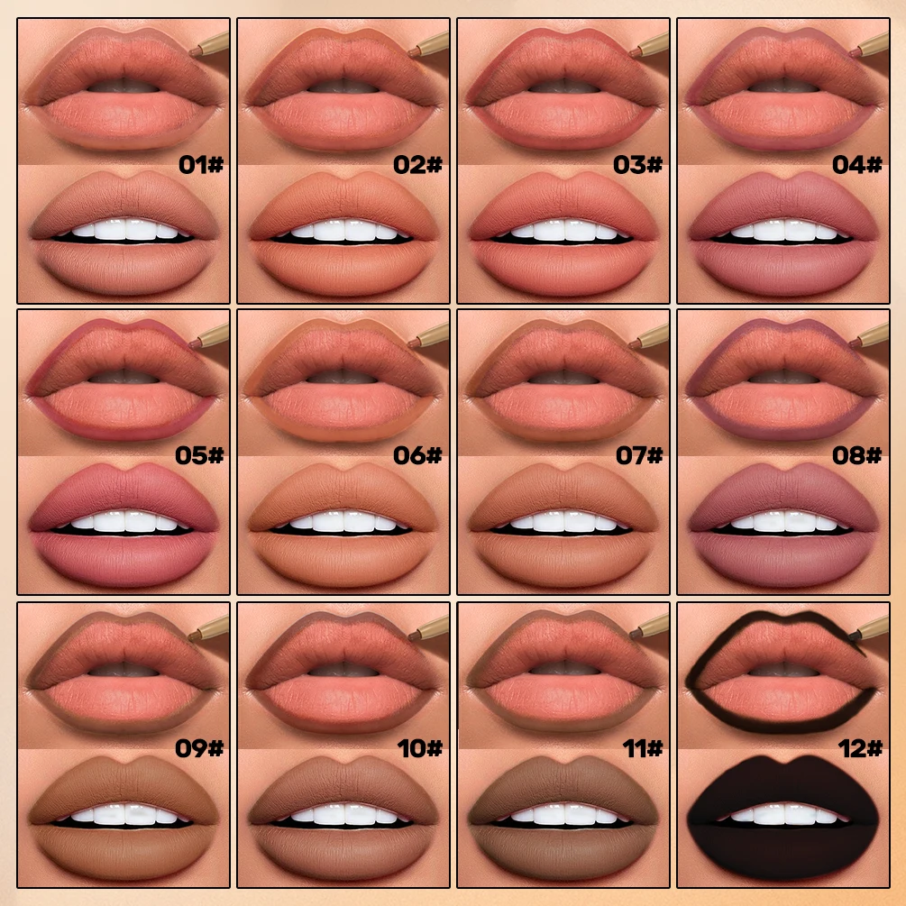 QIBEST Double Head Lip Liner&Brush Pen Mist Matte Velvet Contour Tint Lipstick Pencil Long Lasting Nude Brown Natural Lip Makeup
